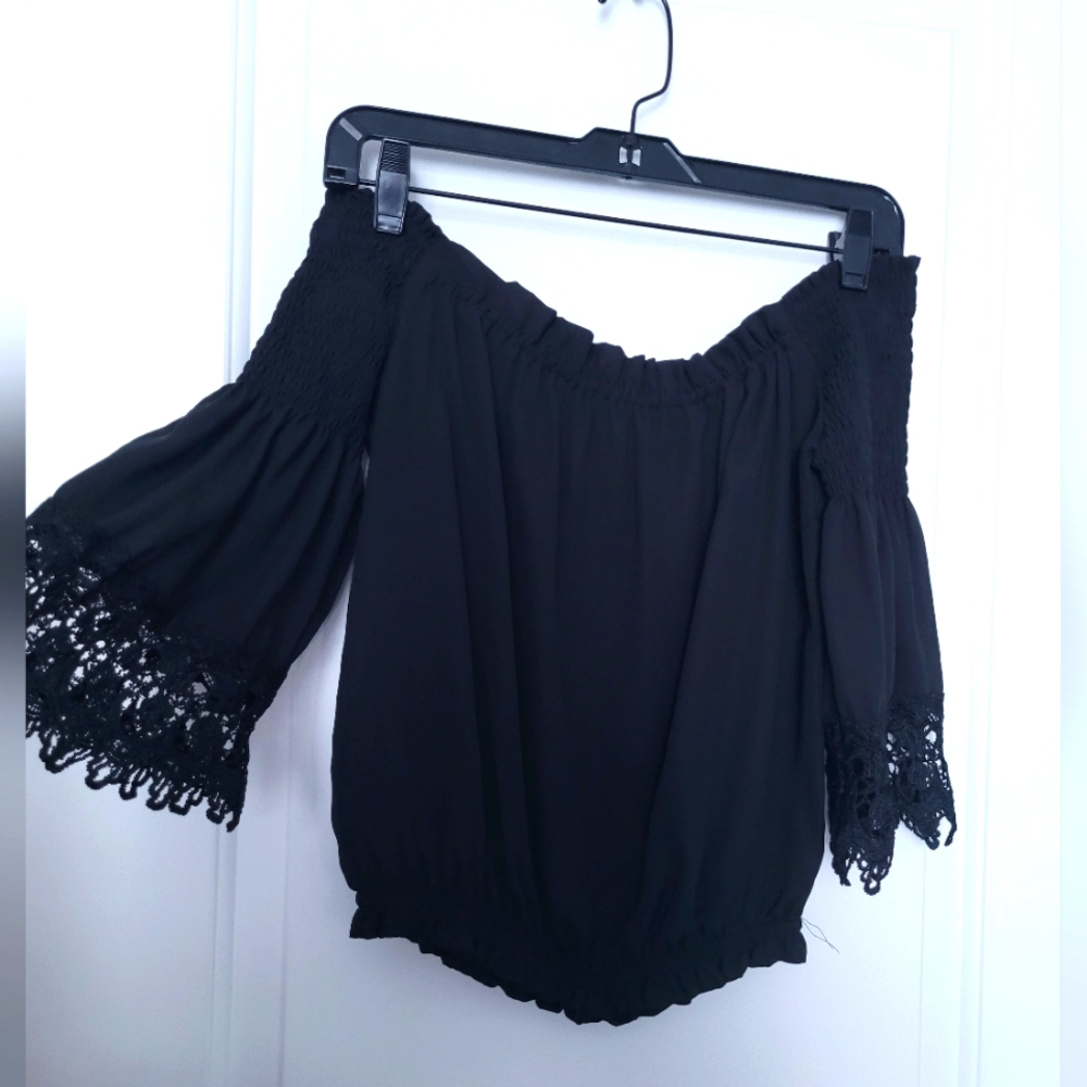 Revamped Off Shoulder Ruffled Cropped Bell Sleeve Blouse Size Med